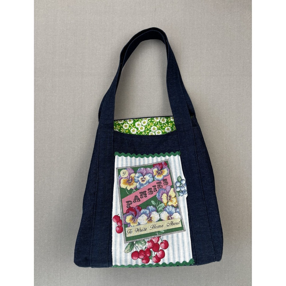 Denim Tote Shoulder Bag Large Pansy Garden Floral Seed Packet Cottagecore